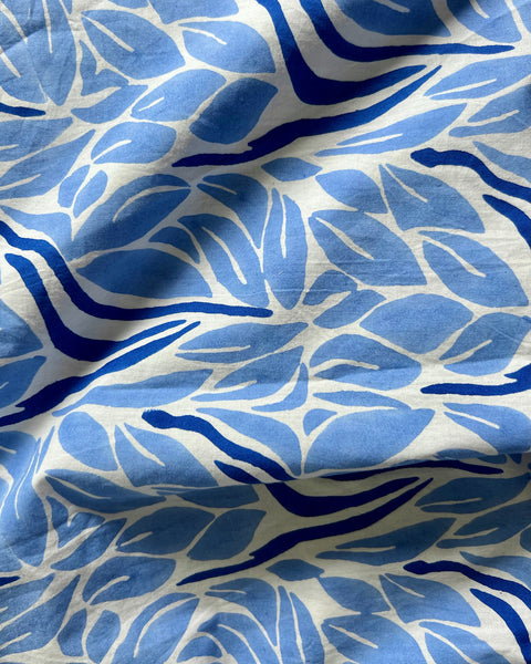 Close-up of blue and white hand block-printed wrap skirt