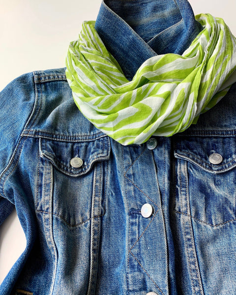 Jean jacket paired with chartreuse and ice blue faux bois infinity scarf 