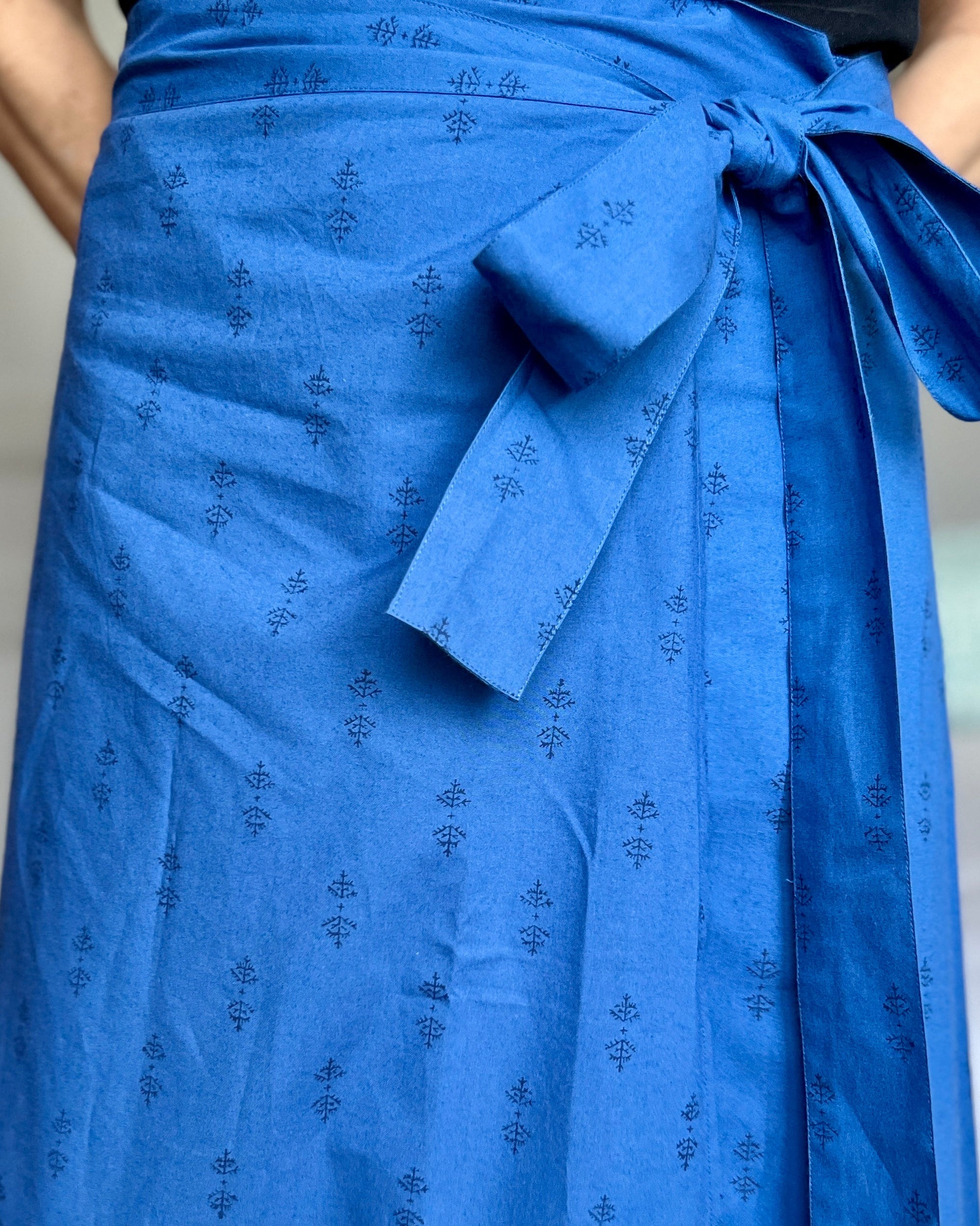 Close-up of a royal blue hand block-printed maxi skirt 