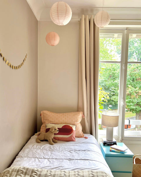 Organic cotton linen hand block-printed blush pink pillow sham with tassels in girls room