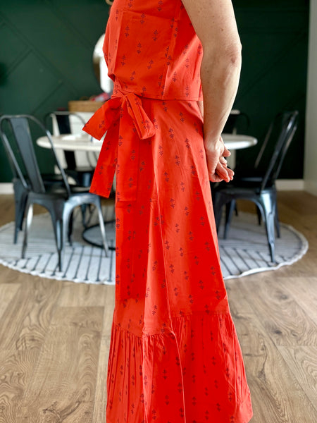Tomato Staghorn Maxi Ruffle Wrap Skirt