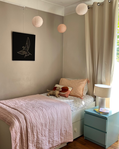 Organic cotton linen hand block-printed blush pink pillow sham with tassels in girls room